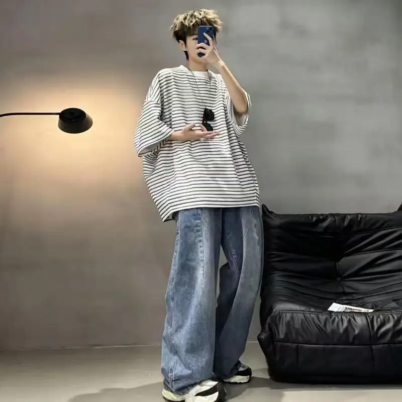 

Men Striped T-shirt Batwing Sleeve 3D Cut Loose Oversized Cityboy Style Casual Summer Short Sleeve Top Lazy Streetwear Male Tees