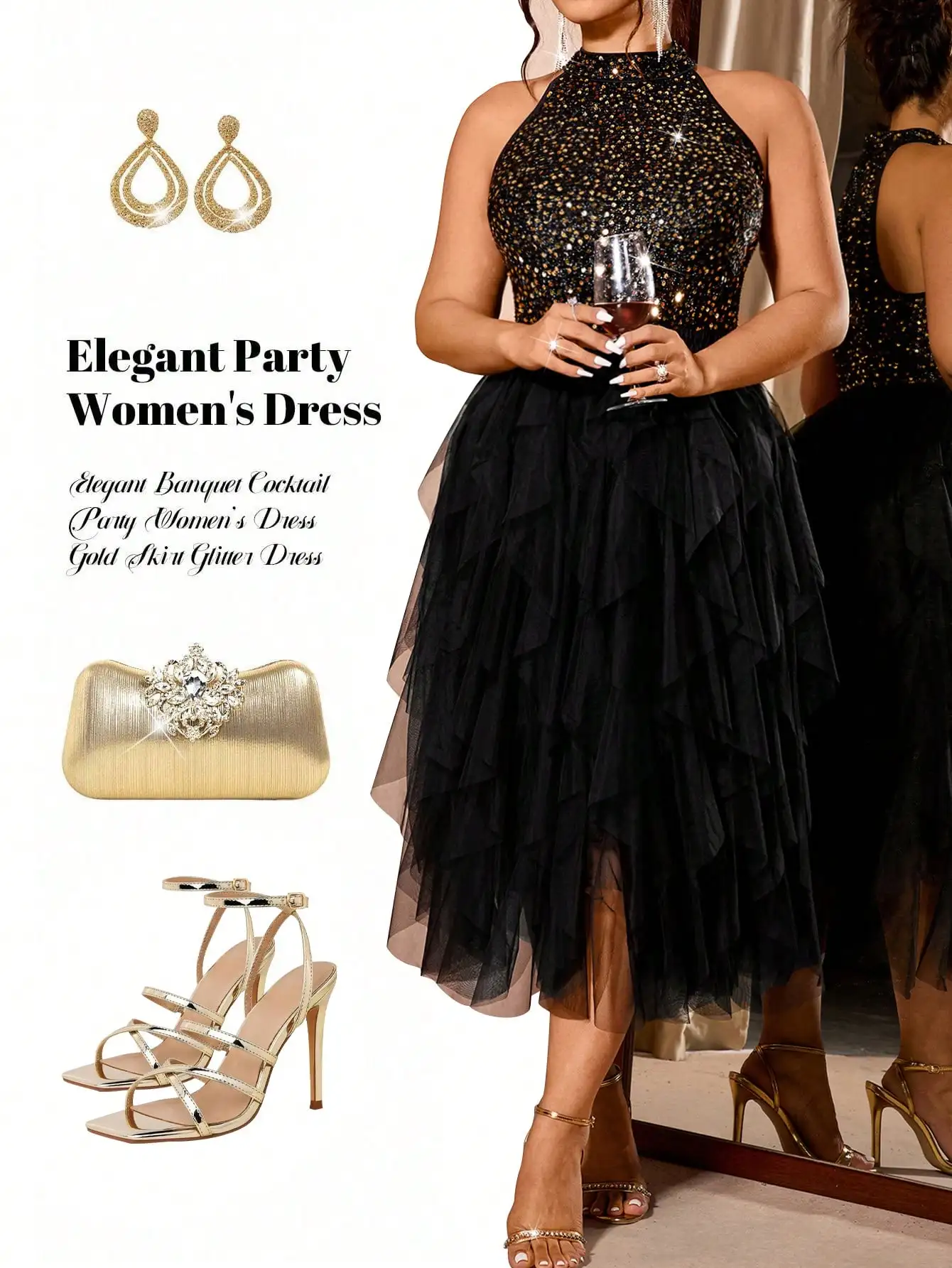 

Elegant Halter Neck Sequin & Tulle Layered Party Dress for Women