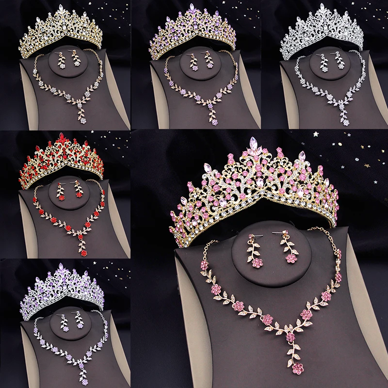 Luxury Pink Flower Bridal Jewelry Sets for Women Prom Tiaras Necklaces Earrings Set Wedding Dress Crown Jewelry Set Fashion