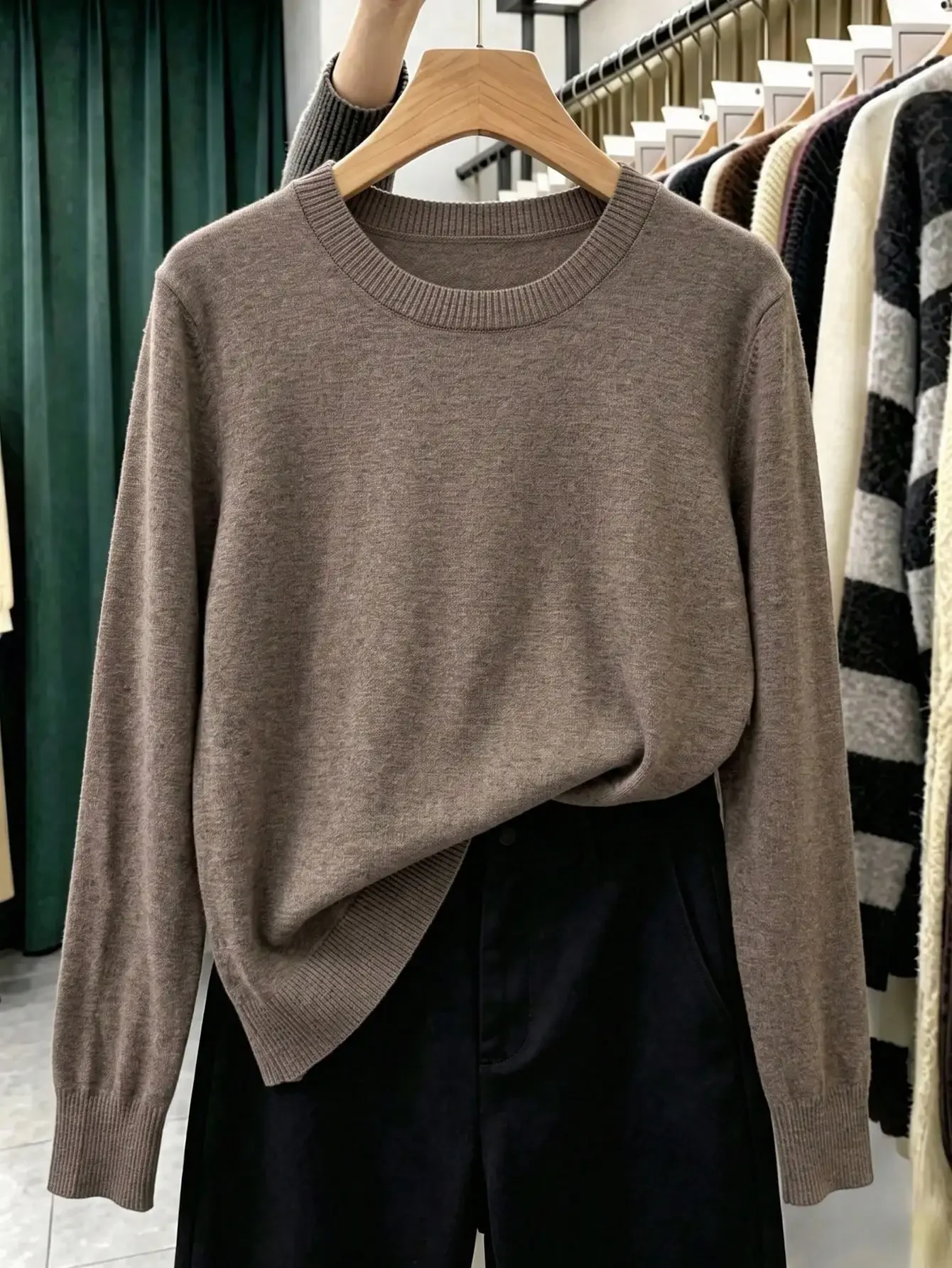 Essential Basic Crewneck Pullover Smart Casual Office Wear French Minimalist Chic Aesthetic Long Sleeve Lightweight Knitwear Solid Mocha Taupe Brown Fine Gauge Spun Yarn Ribbed Trims Tailored Fitted Silhouette For Autumn Daily Commute Christmas Present