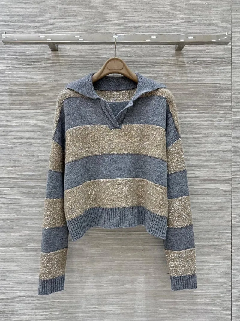 2024 autumn and winter new women's pullover sweater fashionable and exquisite striped sequin yarn knitted top classic pullover