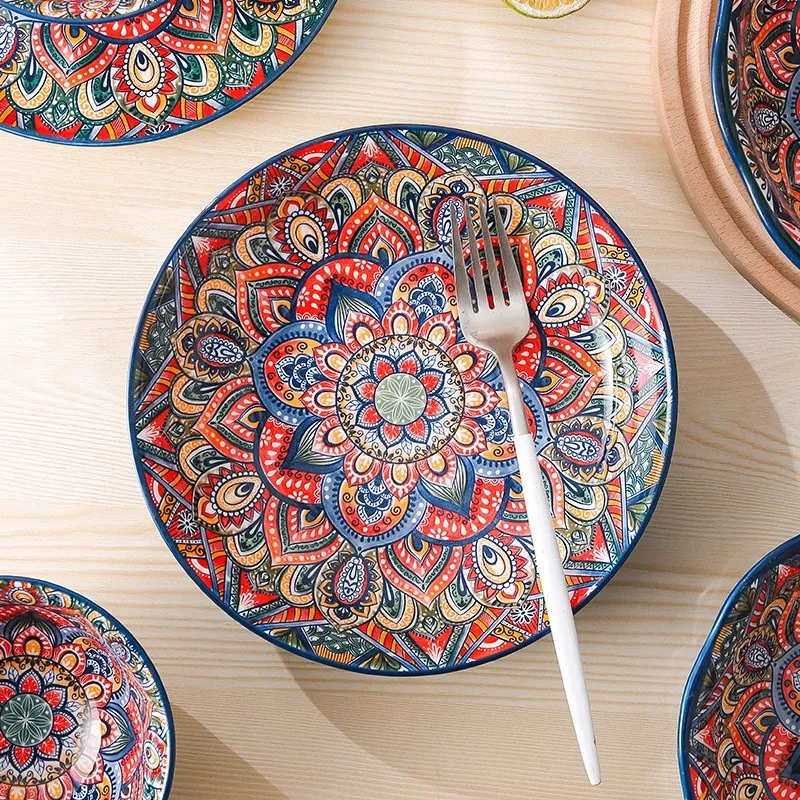 New Bohemian Style Ceramic Household Dishes with Handles Bowls Dishes and Household Dishes Set