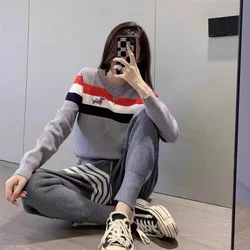 New Casual Sports 2 Piece Sets Women Outfit Knitted Dog Embroidery Preppy Style O-neck Sweater + Striped Pants Women's Tracksuit