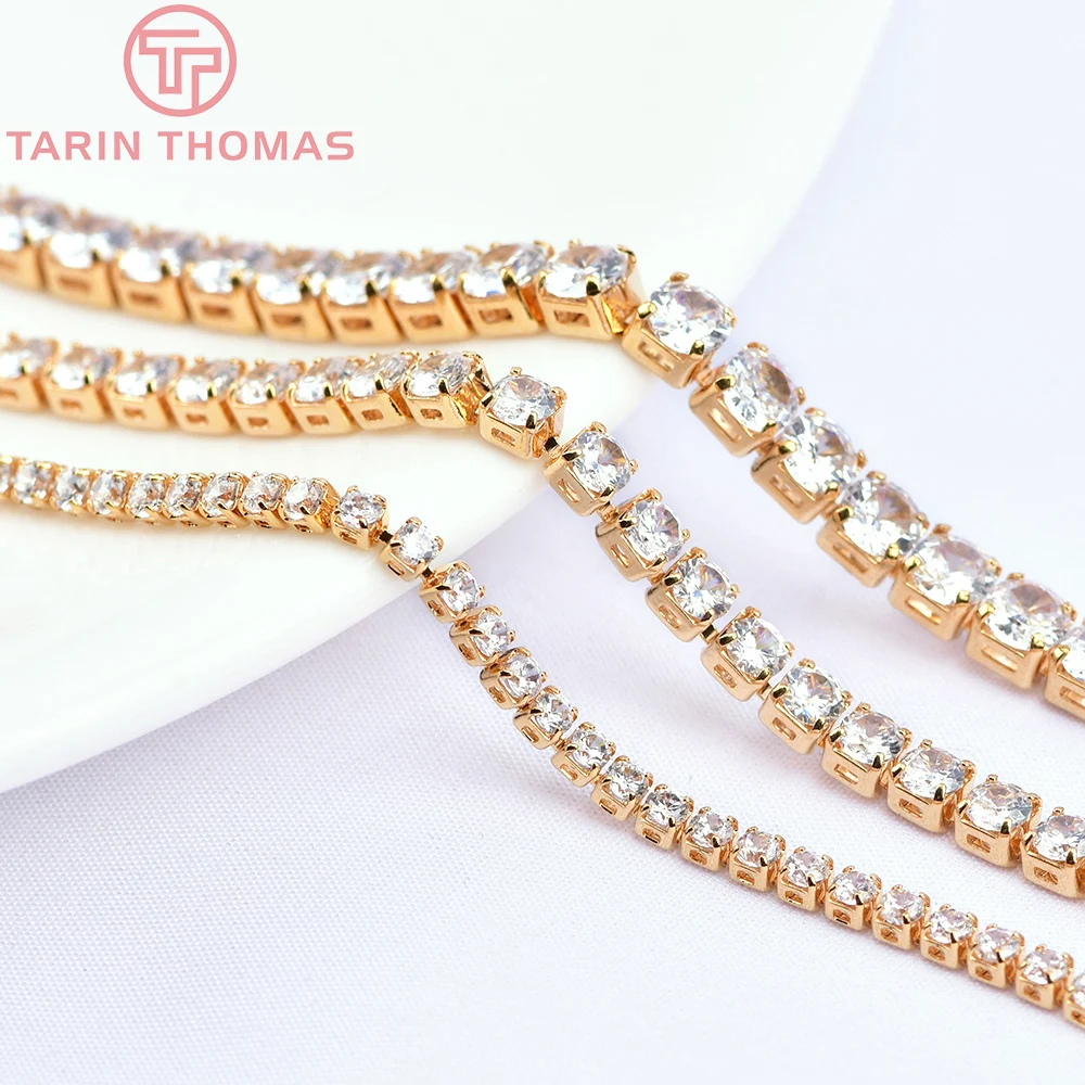 (5913)50CM 4MM 3MM 2MM 24K Gold Color Brass with Zircon Necklace Bracelet Chains Quality Diy Jewelry Findings Accessories