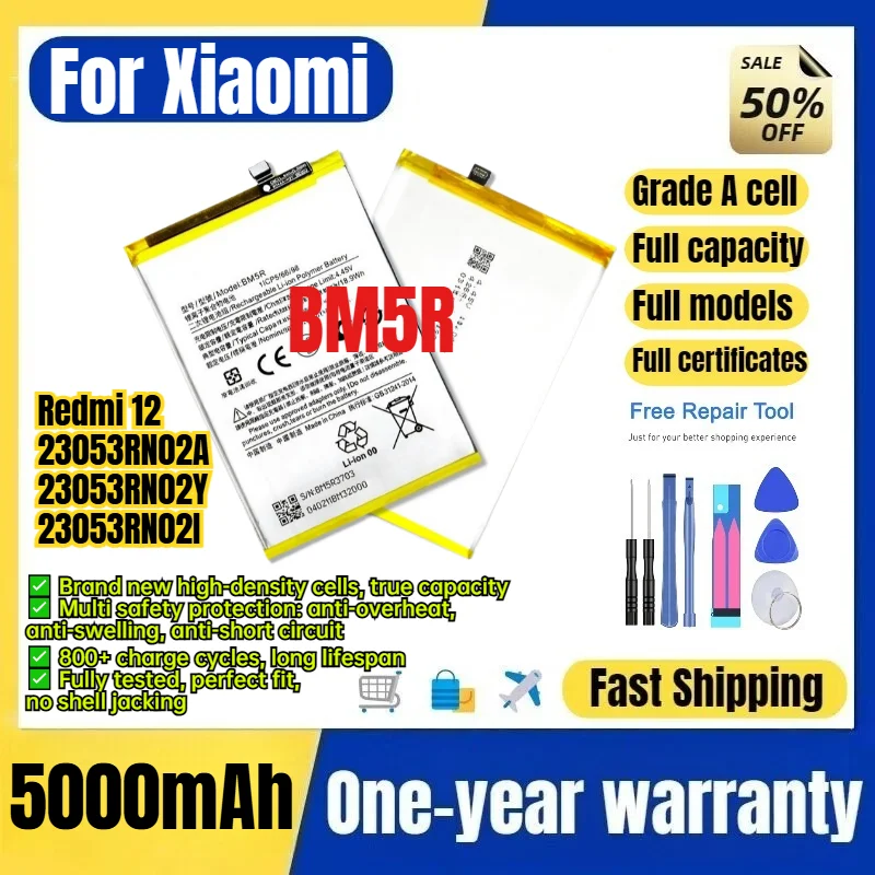 BM5R for Xiaomi Redmi 12/23053RN02A/23053RN02Y/23053RN02I Phone Battery 0 Cycle High Capacity Battery Replacement Bateria  Tools