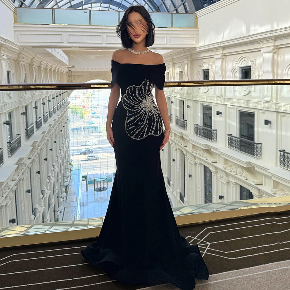 Black Prom Dress Customized Off Shoulder Boat Neck Beading Sequined Mermaid Party Gown Sweep Train Saudi Arabian Evening Dresses