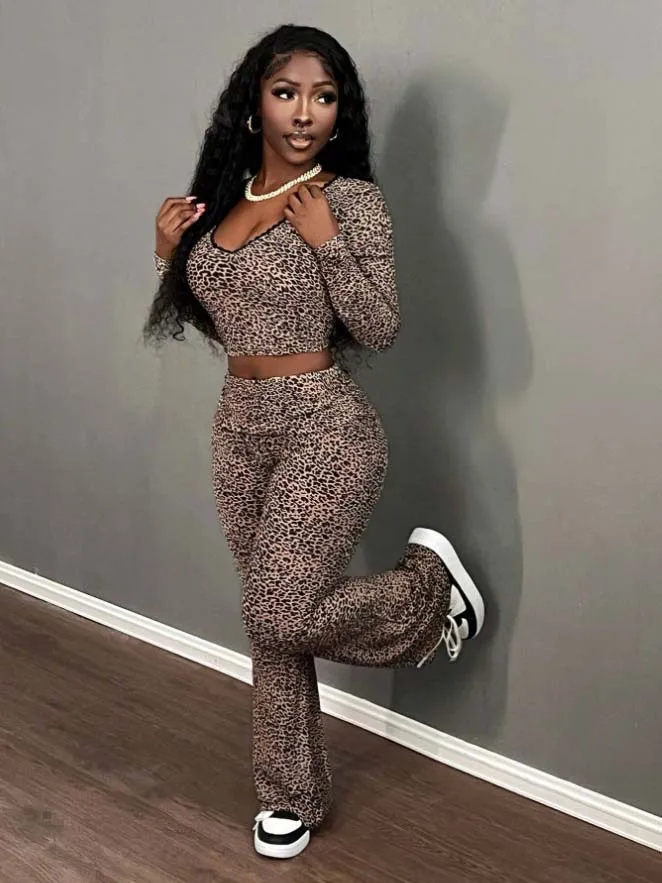 Customized LOGO European American women\'s clothing 2025 spring V-neck lace leopard print sexy casual high-waisted suit