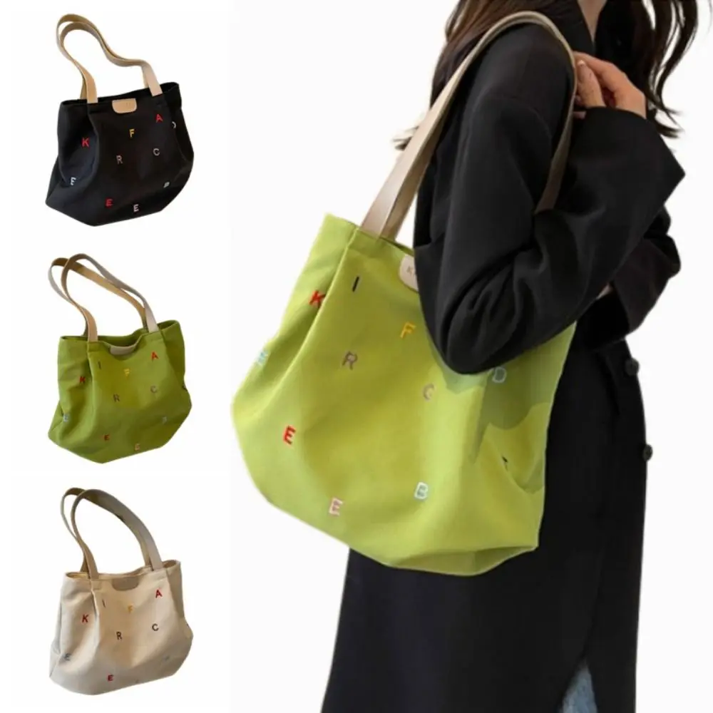

Casual Embroidery Letter Handbag Simple Lightweight Student Tote Bag Portable Single Shoulder Elegant Shoulder Bag Spring Summer