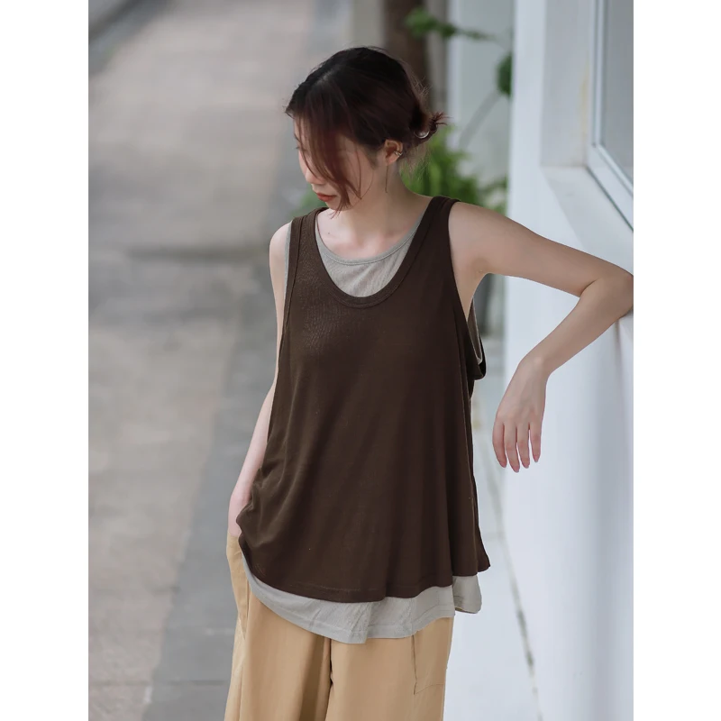 

Phil Dan Layered Loose Vest Artistic Hong Kong Sle Dra Soft Cotton Svel T5669 Street Sle Mid-Length Loose Fit