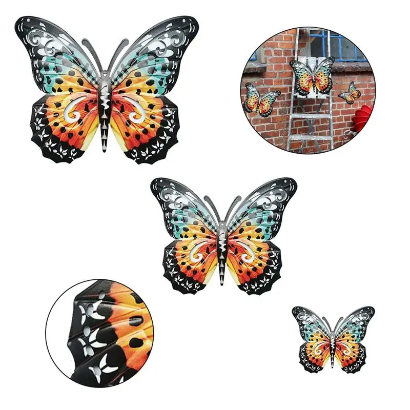 B84B for Butterfly Decoration, 3Pcs Metal Wrought Iron Wall Art Pendant, Outdoor Garden Fence Decor, for Craft Gift for Home,