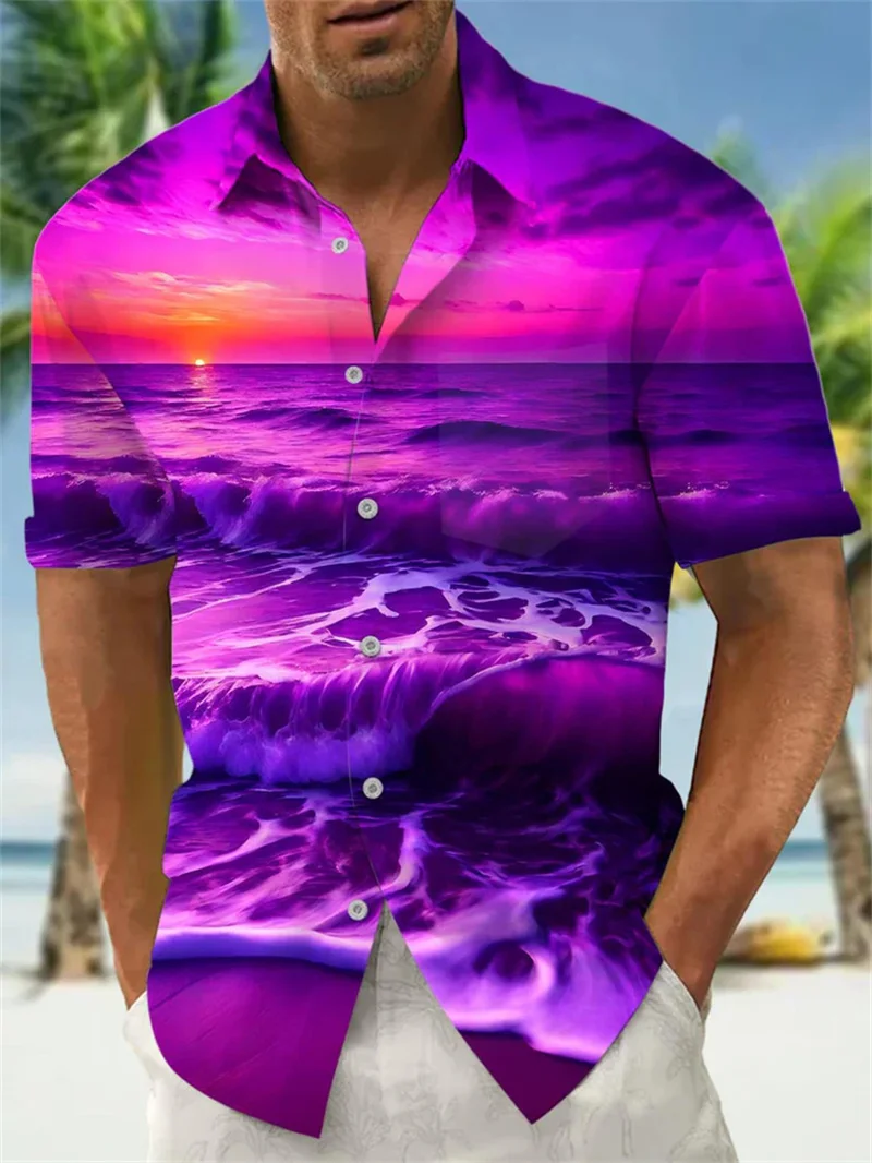2025 Men's Hawaiian Shirt Wave Printed Short Sleeve Top Beach Vacation Sunset Harajuku Clothing Casual Style Shirt
