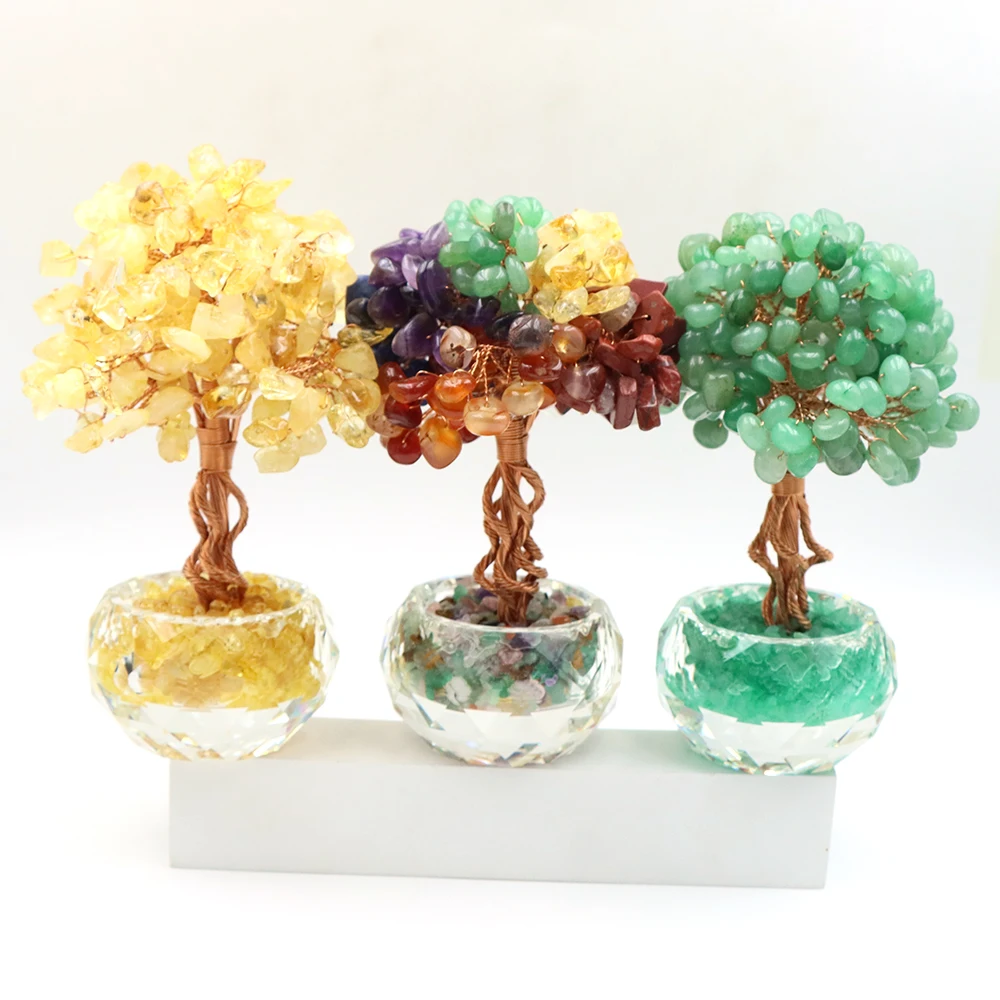 140mm Natural Healing Crystal Tree Natural Stone Money Tree With Cut Glass Base Reiki  Gemstone Tree Ornament Home Desk Crafts