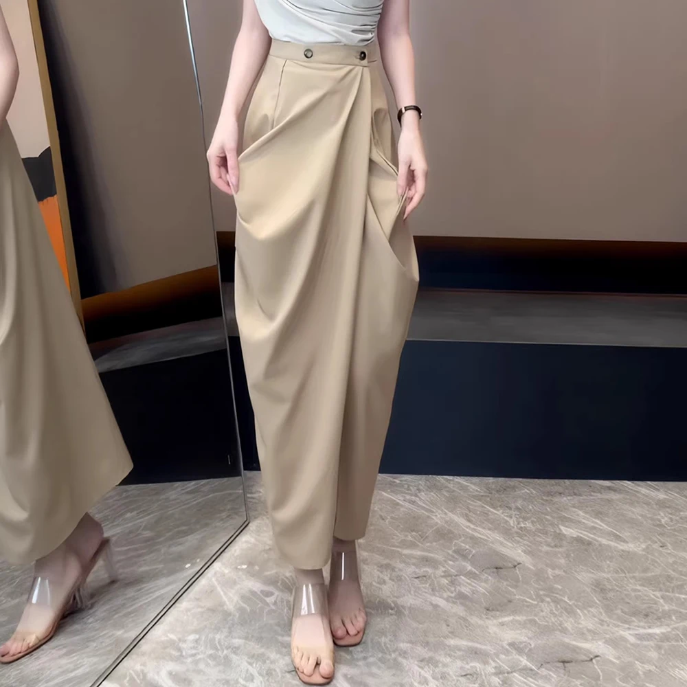 TWOTWINSTYLE Fashion Irregular Spliced Folds Skirts for Women High Waist Patchwork Buttons Temperament Long Skirt Femlae Clothes