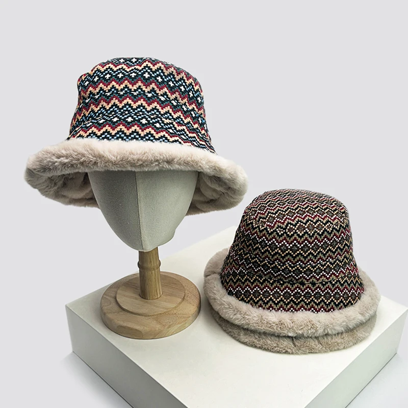 

Autumn and Winter New Women Color Block Ethnic Style Bucket Hats Warm Casual Sunshade Fisherman Caps Fashion Versatile Outdoor