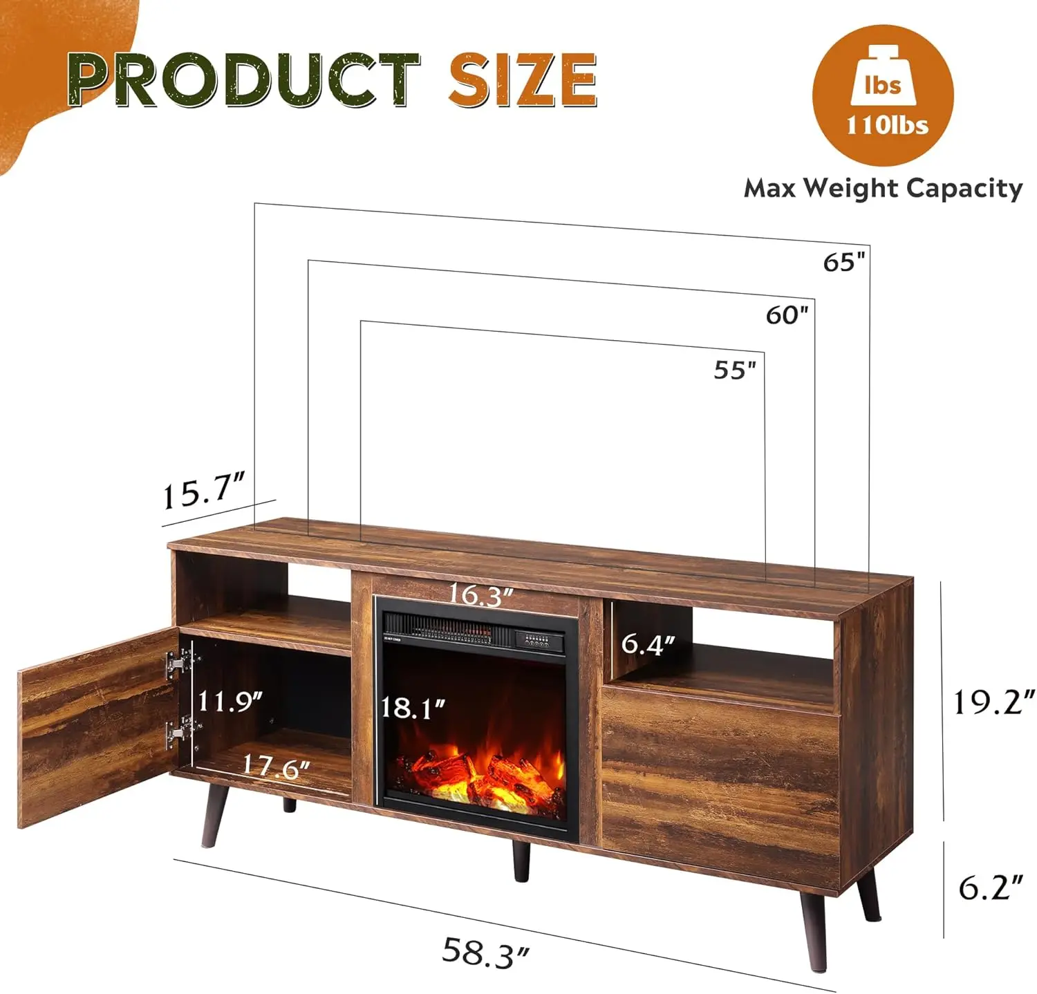 TV Stand for 65 Inch TV 58 Inch Entertainment Center with 18 Inch Electric Fireplace Media Console Rustic Brown