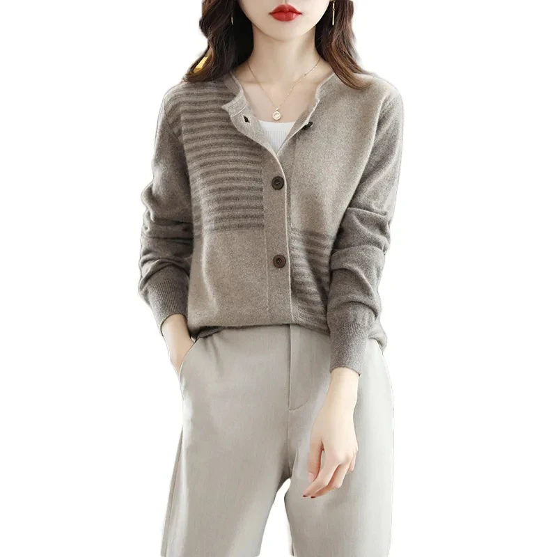 Fashion O-Necked Wool Cardigan For Women Spring Autumn New Color Blocking Long Sleeved Sweater Korean Loose Jacket Top Gray