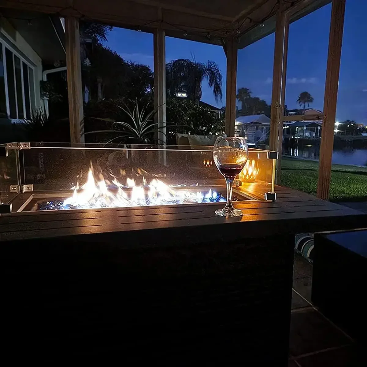 Propano Gás Fire Pit Table, Retangular Fire Pit com Vidro Wind Guard para Exterior Pátio Deck Jardim Quintal, 55000 BTU