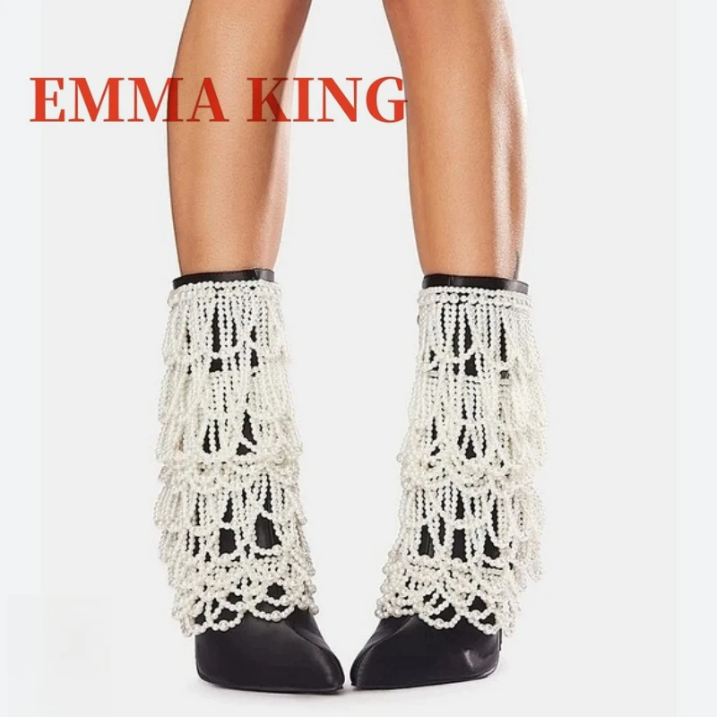 لؤلؤة خنجر الساتان Bootie أحذية فاخرة أنيقة أشار تو عالية الكعب الجانب البريدي سيدة منتصف العجل التمهيد 2025 جديد فستان الحفلات الأحذية