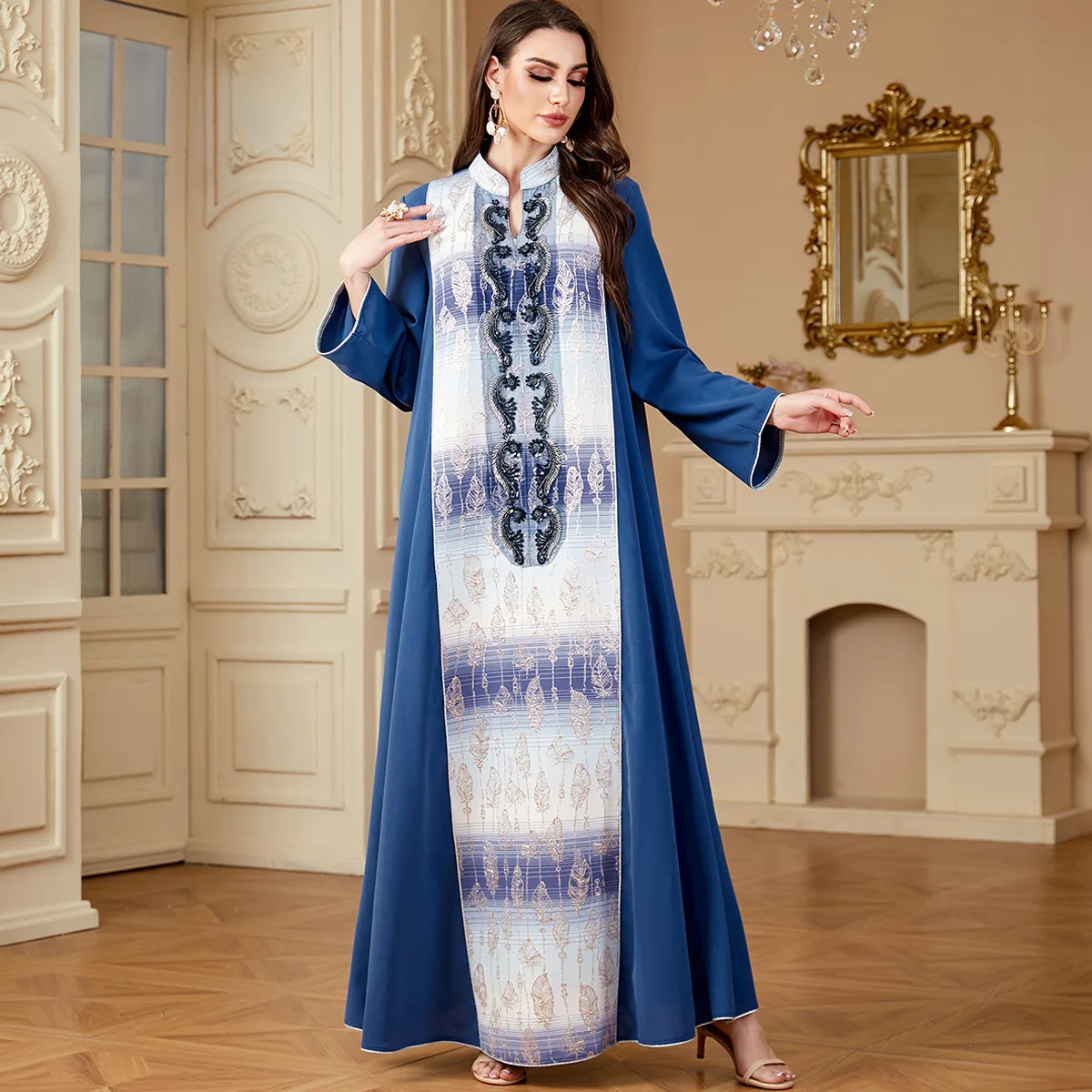 Women Elegant Long Sleeve IsIamic Robe Maxi Vestidos Muslim Patchwork Abaya Dubai Winter Printed Dresses uae dress 4168