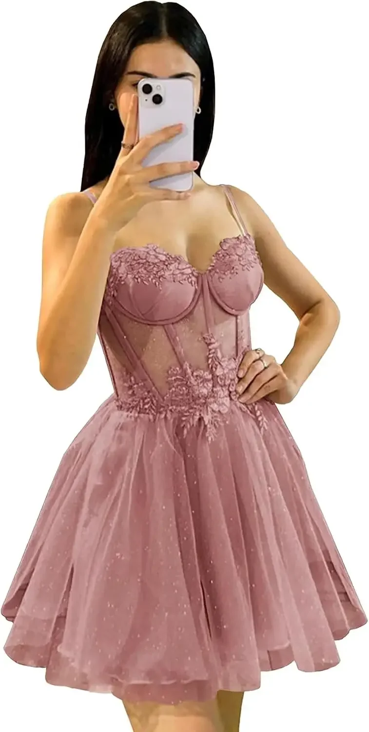 ชุดมินิ Glitter Tulle Homecoming Dress 3D ดอกไม้สปาเก็ตตี้ชุดเดรสสั้นสําหรับวัยรุ่นค็อกเทล