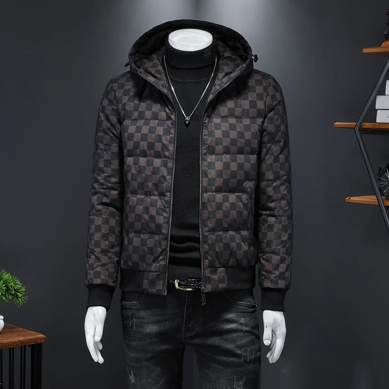 

Утепленная мужская куртка с капюшоном и принтом в клетку, 90% белое утиное перо, легкая, зимняя, новая, модная, городская, молодежная