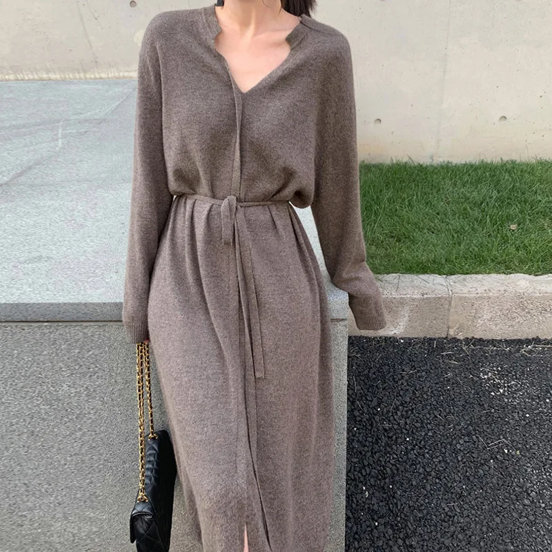 Autumn winter mid length knee length wool dress women French style vintage drawstring waistband looks slim with bottomed dress