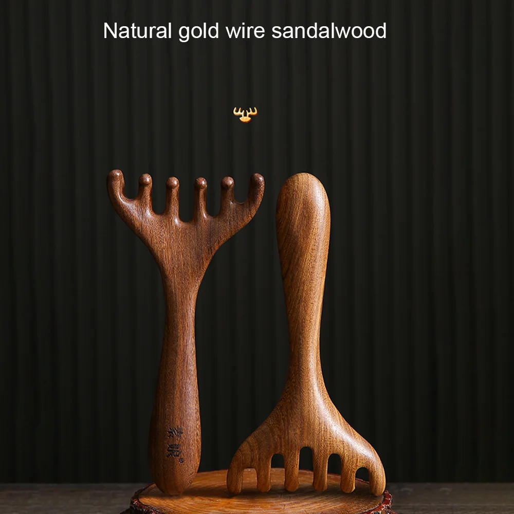 Natural Golden Sandalwood Five-Claw Scalp Massager Gua Sha Tool Back Scratcher Spa Handheld Meridian Massage Comb Hair Care