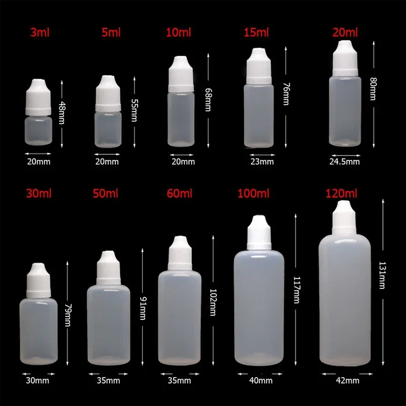 100Pcs 3-120ml Plastic Pointed Eye Dropper Bottle Clear Refillable Liquid Squeeze Container With Funnel And Colored Cap For Oil