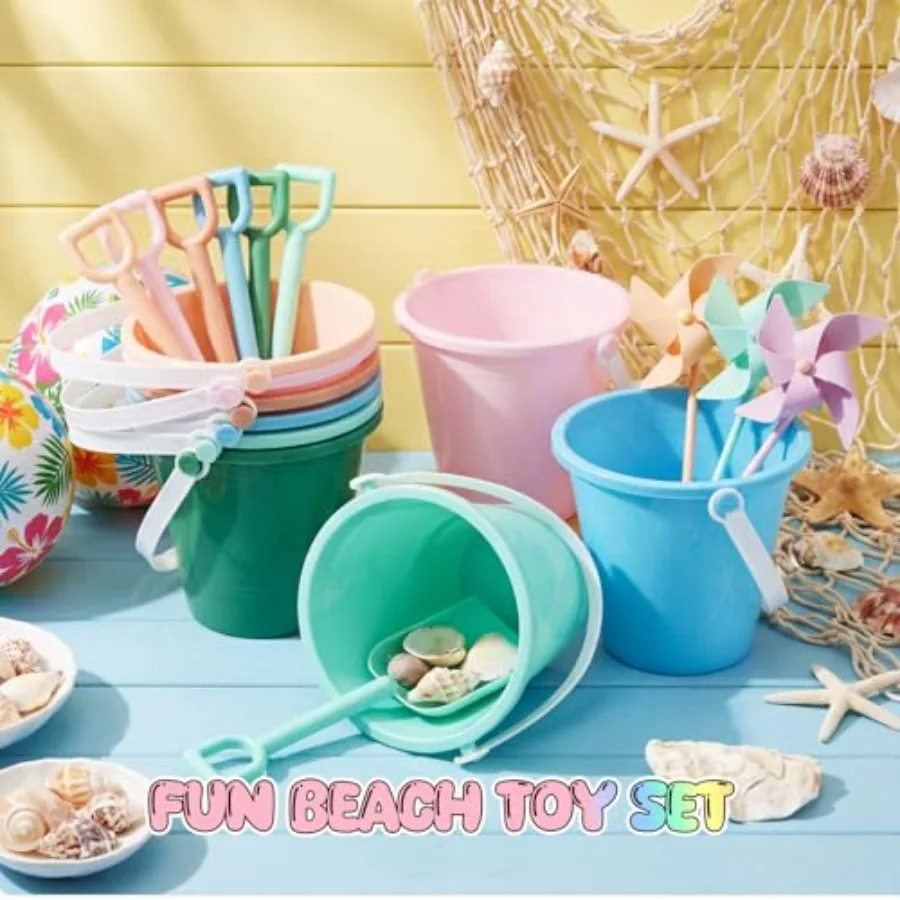 Beach sand buckets toys set for kids toddlers: pastel Morandi-colored plastic buckets and shovels for castle building, summer g