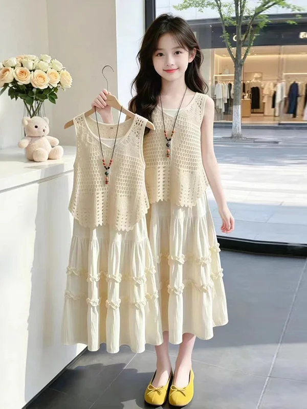 girls-summer-thin-two-piece-set-vest-skirt-cute-casual-breathable-children's-clothing-for-ages-3-14-standard-packaging