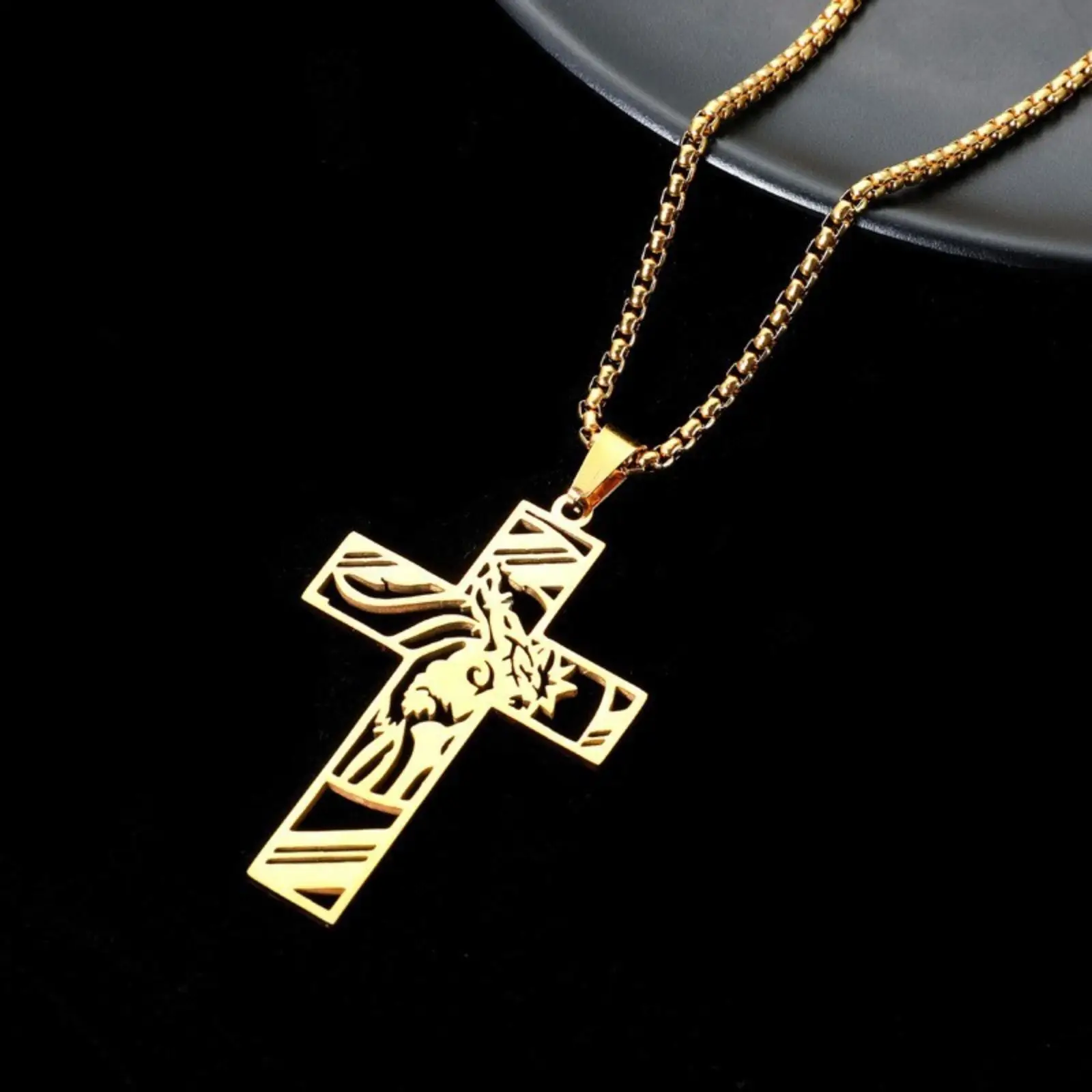 Jesus-Kreuz-Halskette aus Edelstahl mit Dornenkrone-Anhänger, religiöser christlicher Halsketten-Schmuck für Männer, Geschenk – Detail 4