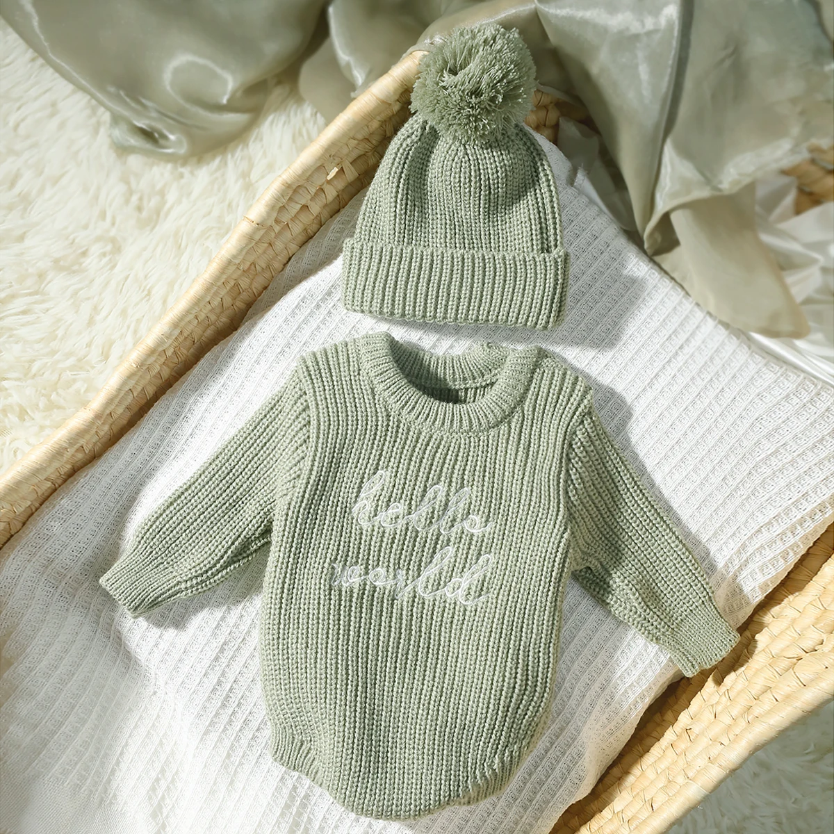 Ylsteed Hello World Knitting Newborn Photography Romper with Matching Pomp Hat Baby Boy Girl Sweater Outfits for Photo Shooting