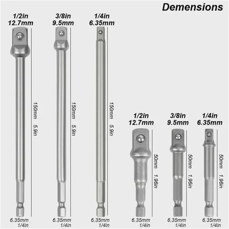 6pcs/Set 1/2\'\'3/8\'\'1/4\'\' Hexagonal Handle Shank Adapter Sleeve Connection Conversion Rod Square Head Socket Extension Rod