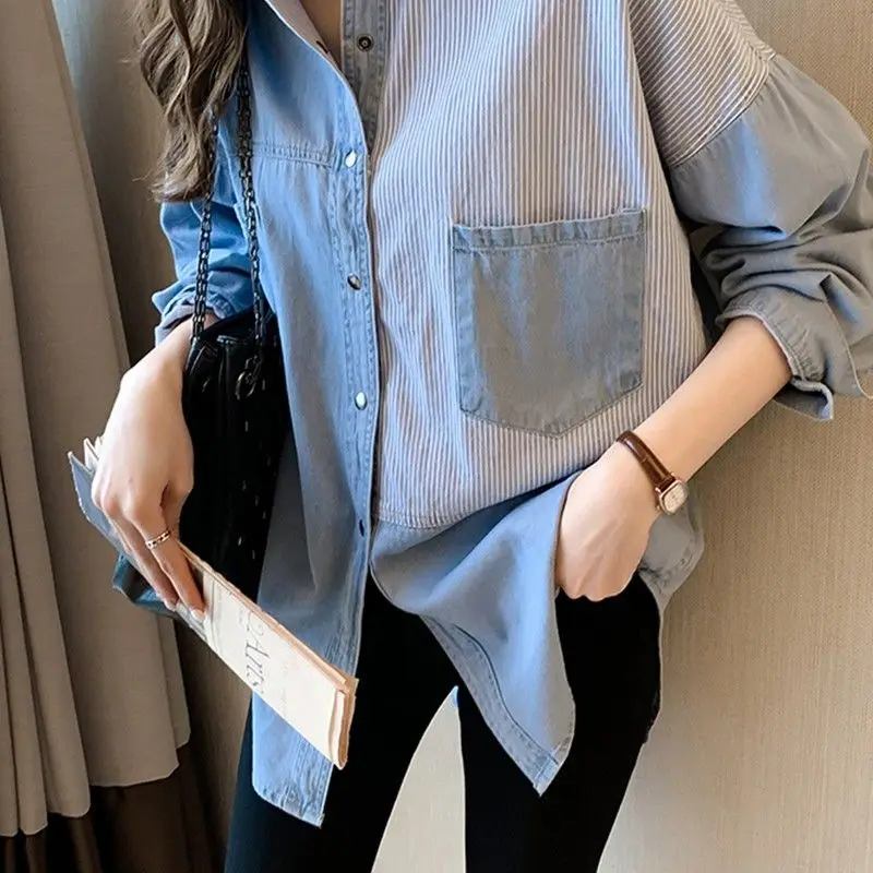 Korean Spring Autumn Female Clothing Striped Printed Denim Shirt Fashion Turn-down Collar Button Pockets Long Sleeve Mid Blouses