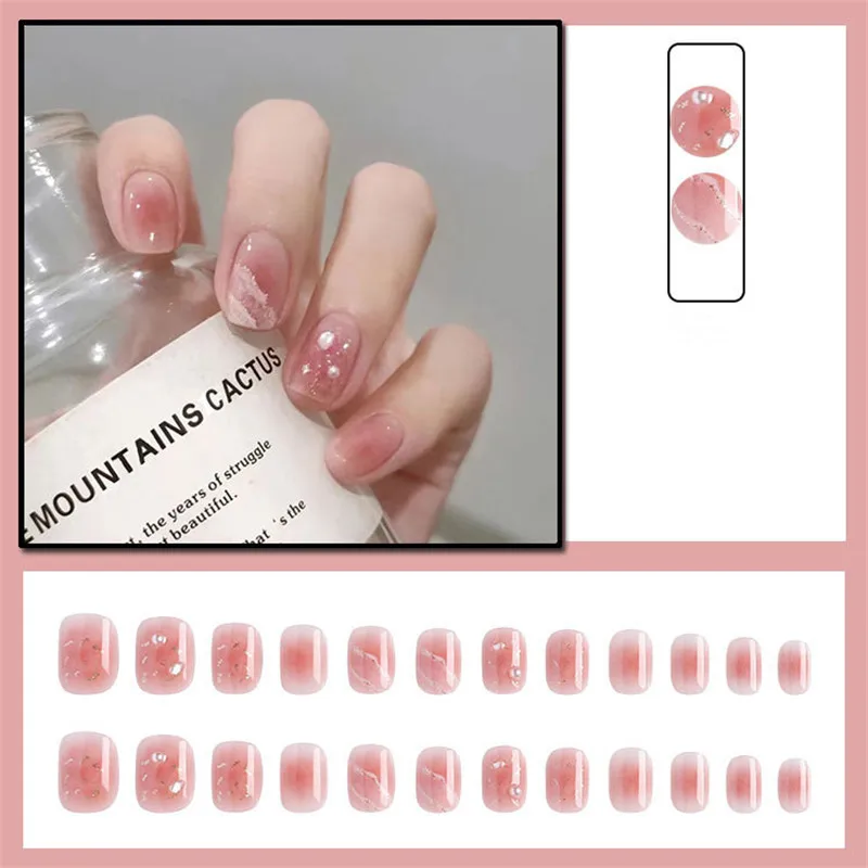 Gentle and Pink Sea Wave Powder Blusher Halo Dye Nail Enhancement Patch Wearable Removable False Nail For Women In Summer