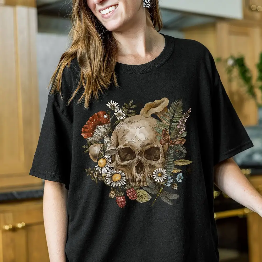 Mystic Vintage Skull Decorative Horror Shirt Gothic Nature Amanita Mushroom Insect Dark