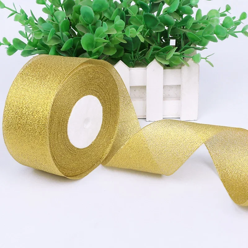 25 Yards/Roll Gold/Silver Organza Ribbon Width 0.6cm-5cm DIY Handicraft Accessories Tapes Wedding Supplies Cake Gift Decoration