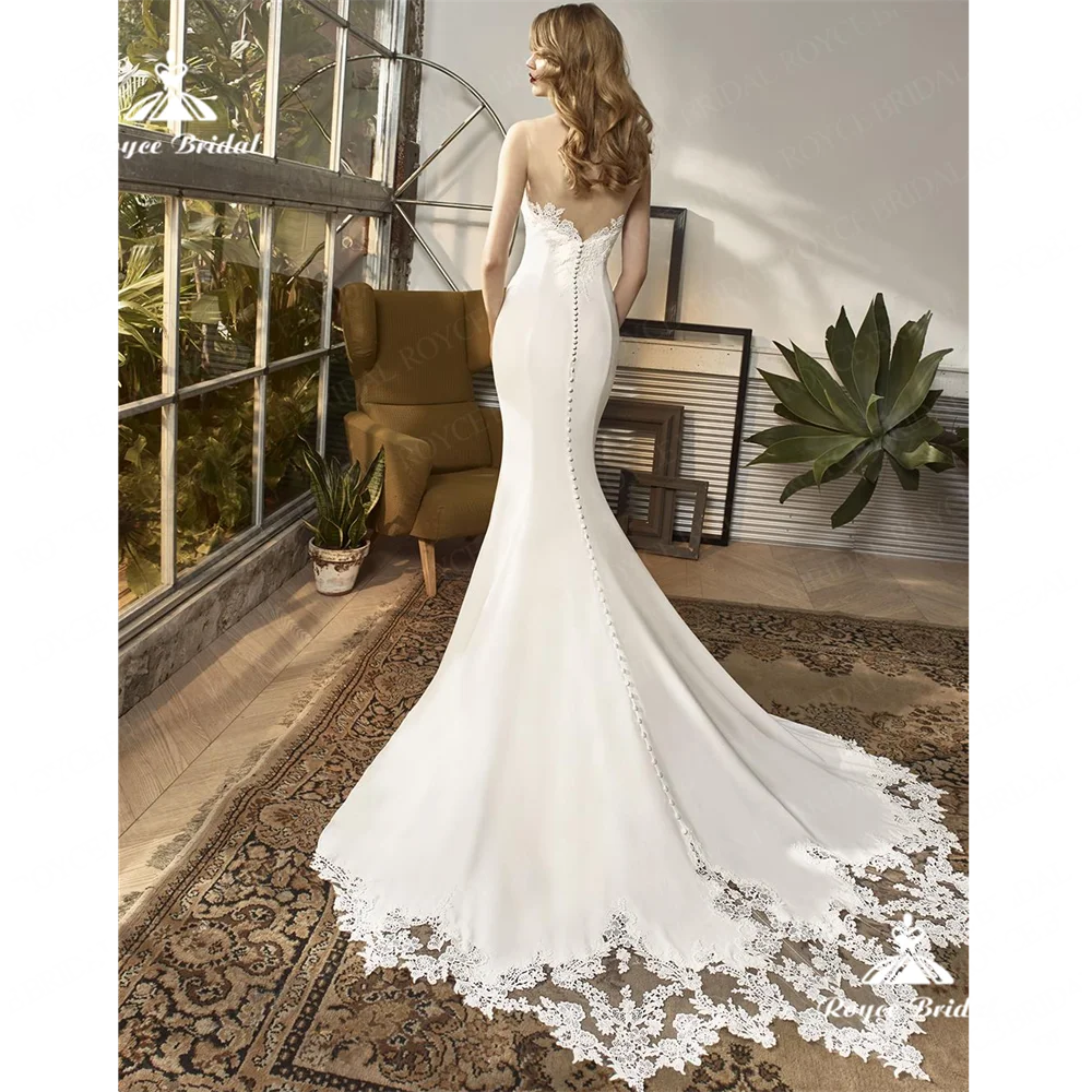 Roycebridal-vestido de novia de sirena con cuello redondo, traje de satén con Espalda descubierta, cola de la capilla, 2025