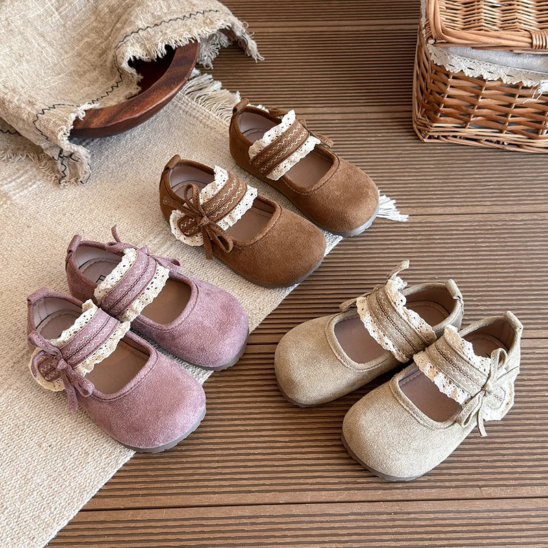 Autumn Girl's Mary Janes Lace Bowknot Suede Sweet Kid's Flat Shoe Solid Colors Anti-slip Daily Lovely Chic Children Shoes 7-12Y