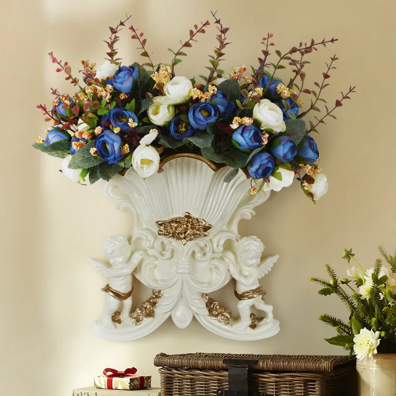 Nordic Double Angles Wall Vase with Artificial Flowers European Style Wall Decor Sculpture Hanging Flower Pot for Home Decor