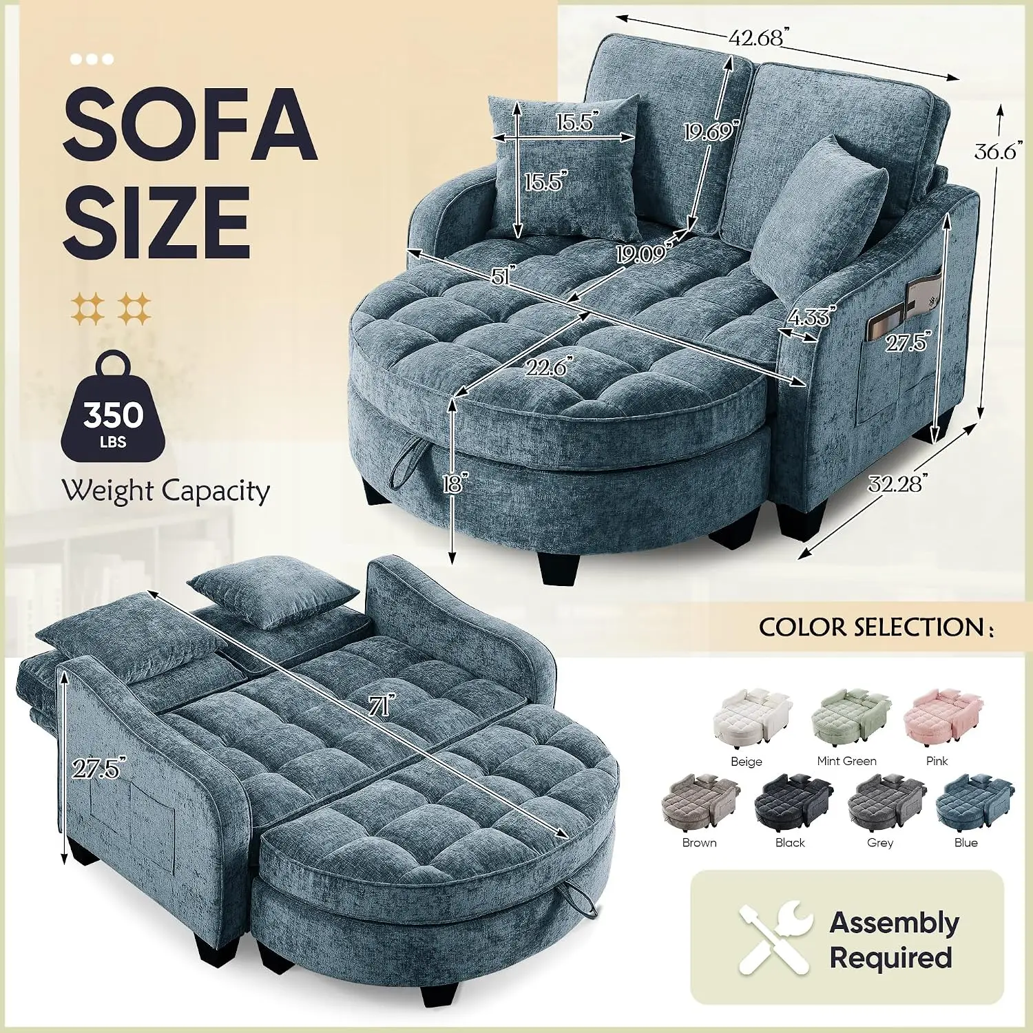 Oversized Lounge Chair with Ottoman, Tufted Storage Chaise with Adjustable Backrest, 71