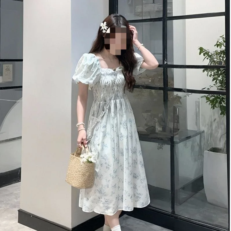 French Fairy Style Summer Long Dress Sweet Waist Cinched Floral Print Gown Midi Skirt Artistic Vintage Elegant Ladylike