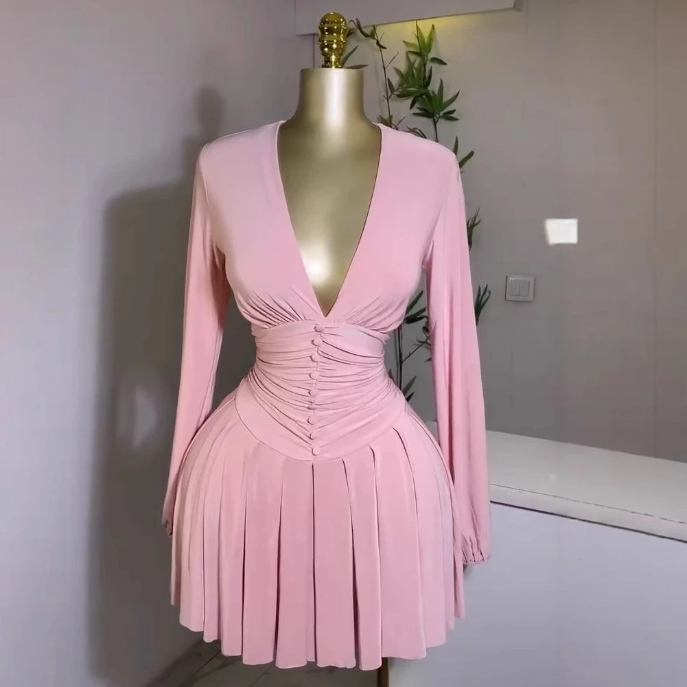 

Mini Dress Women Bodycon Dresses A Line Vestidos V Neck Streetwear Y2k Elegant Pleated Party Night High Waist Slim Fit 2025