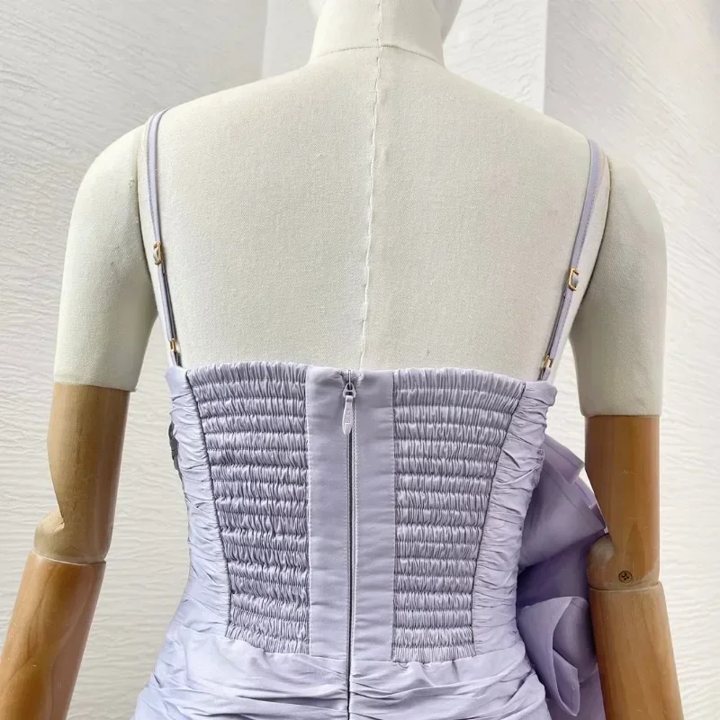 Top Quality 2025 New Arrivals Elegant Woman Sling Mini Dress Violet Purple Backless Flowers Appliqued Folds Summer Dresses