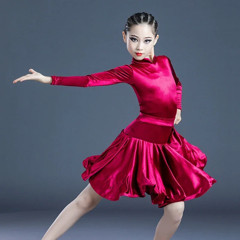 

2023 New Latin Dance Dress For Girls Long Sleeve Velvet Practice Dress Chacha Samba Tango Ballroom Dancing Dress Kids SL4555