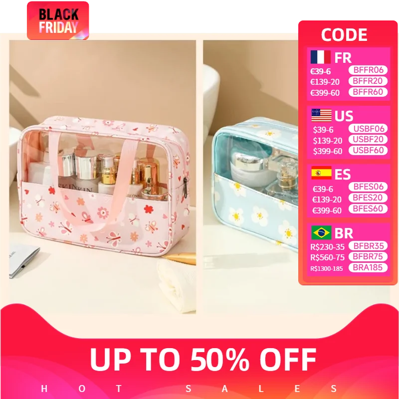 

Large capacity sweet macaron transparent printed cosmetic bag splicing handbag travel portable toiletry storage bag