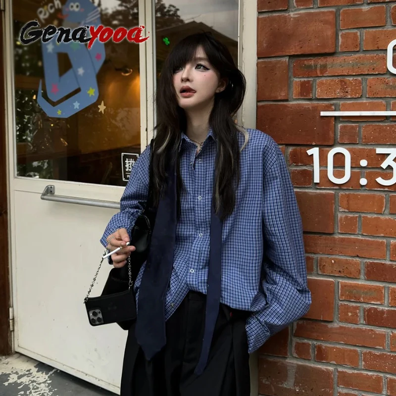 

Genayooa American Retro Plaid Shirt Women Long Sleeve Casual Blouse And Shirt Y2k Vintage Gruneg Tops Japanese 2000s Shirts