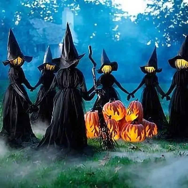 

Light-Up Witches with Stakes Halloween Decorations Outdoor Holding Hands Screaming Witches Sound Activated Sensor Decor