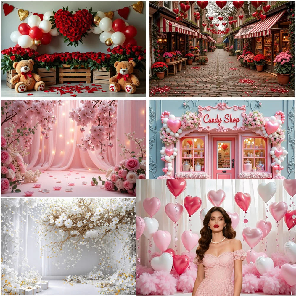 

MOON.QG Valentine's Day Candy Shop Theme Background Pink Storefront Balloons Floral Garlands February 14 Backdrop Photocall Wall