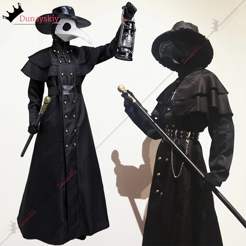 XS-XXXL Halloween Medieval Hooded Robe Plague Doctor Costume Mask Hat for Men Cosplay Steampunk Priest Horror Wizard Cloak Cape